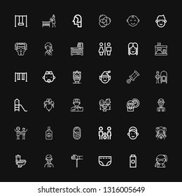 Editable 36 boy icons for web and mobile. Set of boy included icons line Ninja, Baby powder, Diaper, Handkerchief, Man, Toilet, Girl, Family, Baby, Baby feeder on black background