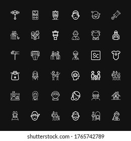 Editable 36 boy icons for web and mobile. Set of boy included icons line Man, Bellhop, Family, Boy, Fraternity, Woman, Delivery man, Kindergarten, Head, Couple on black background