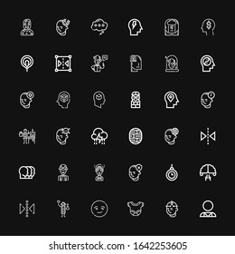 Editable 36 iconos cerebrales para web y móvil. El conjunto de cerebros incluía íconos línea Psicólogo, Mente, Cuerpo, Inteligente, Científico, Reflejo, Lluvia de ideas, Hipnosis, Inteligencia Artificial sobre fondo negro