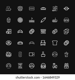 Editable 36 bread icons for web and mobile. Set of bread included icons line Bread, Hot dog, Hamburger, Donut, Snack, Beverage, Toaster, Crop, Baguettes, Pancake on black background