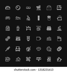 Editable 36 breakfast icons for web and mobile. Set of breakfast included icons line Cup, Coffee machine, Cups, Bacon, Tea, Biscuit, Donut, Hot pot, Pot, Toaster on black background