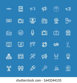 Editable 36 broadcast icons for web and mobile. Set of broadcast included icons line Webcam, Radio, Microphone, Karaoke, Loudspeaker, Antenna, Megaphone, Television on blue background