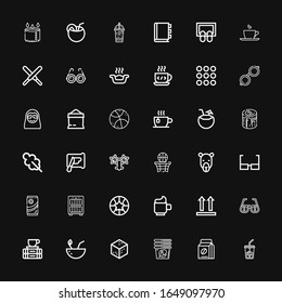 Editable 36 brown icons for web and mobile. Set of brown included icons line Ice coffee, Coffee beans, Cup, Sugar, Coconut, Break, Glasses, Side up, Basketball on black background
