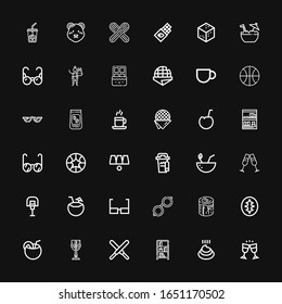 Editable 36 brown icons for web and mobile. Set of brown included icons line Glasses, Poo, Bookcase, Chocolate, Cup, Coconut, Sourdough, Log, Basketball, Coffee cup on black background