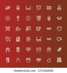 Editable 36 brown icons for web and mobile. Set of brown included icons line Bookshelf, Coconut, Glasses, Coffee cup, Chocolate, Sloth, Cups, Log, Bookcase, Camel, Hazelnut on red