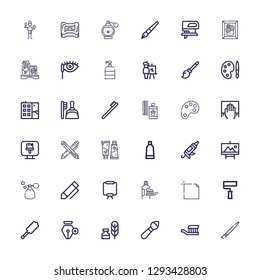 Editable 36 brush icons for web and mobile. Set of brush included icons line Brush, Toothbrush, Writing tool, Pen, Duster, Paint roller, Art, Toothpaste, Canvas on white background