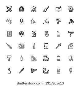Editable 36 brush icons for web and mobile. Set of brush included icons line Brush, Art, Soap, Gun, Comb, Cleaning spray, Painting, Canvas, Roller, Design tools on white background