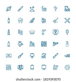 Bearbeitbar 36 Pinselsymbole für Web und Mobile. Set mit Pinsel inklusive Icons Linie Paint, Künstler, Canvas, Grafikdesign, Pinsel, Zahnbürste, Pinsel, Easel auf weißem Hintergrund