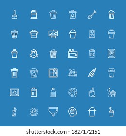 Iconos editables de 36 cubos para web y móvil. Conjunto de cubos incluidos línea de iconos Cubo de arena, Suprimir, Dustpan, Sauna, Maid, Housekeep, Paint, Trash sobre fondo azul