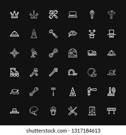 Editable 36 build icons for web and mobile. Set of build included icons line Barricade, Setup, Maintenance, Helmet, Hat, Tools, Hammer, Wrench, Hacksaw, Roller on black background