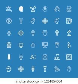 Editable 36 bulb icons for web and mobile. Set of bulb included icons line Thinking, Graphic designer, Flashlight, Torch, Energy, Mind, Dimmer, Lamp, Brainstorm on blue background