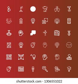 Editable 36 bulb icons for web and mobile. Set of bulb included icons line Bulb, Graphic designer, Thinking, Torch, Layout, Mind, Idea, Imagination, Typography, Smart, Lightbulb on red