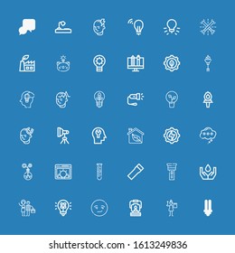 Editable 36 bulb icons for web and mobile. Set of bulb included icons line Lightbulb, Graphic designer, Oil lamp, Smart, Light, Ecology, Flashlight, Lab, Idea on blue background