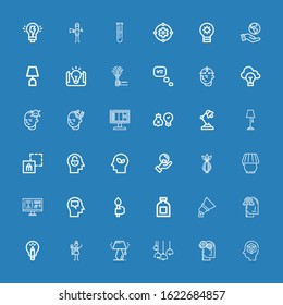 Editable 36 bulb icons for web and mobile. Set of bulb included icons line Mind, Thinking, Lamp, Graphic designer, Idea, Imagination, Spotlight, Conserve, Torch on blue background