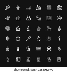 Editable 36 burn icons for web and mobile. Set of burn included icons line Matches, Lighter, Candles, Bonfire, Candle, Torch, No smoking, Stove, Oil lamp, Fire on black background