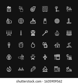 Editable 36 burn icons for web and mobile. Set of burn included icons line Candle, Cigarette, Fire, Candles, Bonfire, Churrasco, Matches, Torch, Barbecue, Lighter on black background