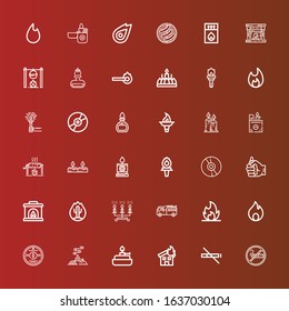 Editable 36 burn icons for web and mobile. Set of burn included icons line Smoking, No smoke, Fire, Burner, Bonfire, Cd, Firefighter, Candles, Fireplace, Lighter, Torch on red