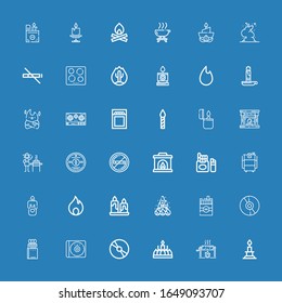 Editable 36 burn icons for web and mobile. Set of burn included icons line Candle, Roast, Cd, Matches, Cigarette, Fire, Barbecue, Fireplace, No smoking, Burner on blue background