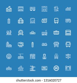 Editable 36 bus icons for web and mobile. Set of bus included icons line Train, Metro, Blackboard, Big ben, School, Tram, Hippie, Bus stop, London eye, on blue background