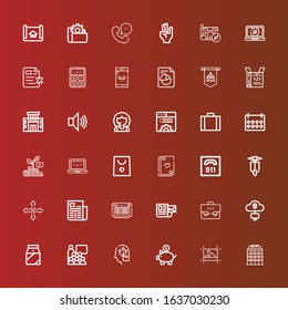 Editable 36 business icons for web and mobile. Set of business included icons line Office, Editing, Piggy bank, Human, Conference, Milk, Mining, Suitcase, Mail, Keyboard on red