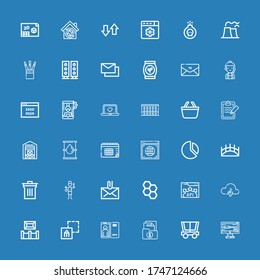 Editable 36 iconos de negocios para web y móvil. El conjunto de negocios incluye iconos línea Monitor, Trole, Folder, Focus, Graphic design, Museum, Cloud, Api, Honeycomb sobre fondo azul