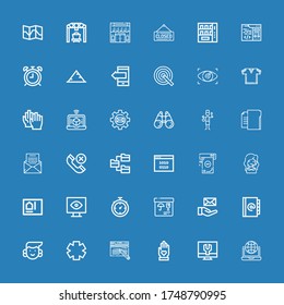 Editable 36 business icons for web and mobile. Set of business included icons line Laptop, Settings, Hand, Blog, Clinic, Avatar, Agenda, Email, Merchandise on blue background