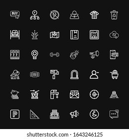 Editable 36 button icons for web and mobile. Set of button included icons line Comment, Fishbowl, Megaphone, Building, Set square, Parking, Birthday cake, Clock on black background