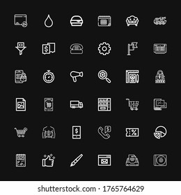 Editable 36 button icons for web and mobile. Set of button included icons line Cd, Email, Browser, Pen, Thumbs up, Notebook, Pie chart, Sale, Call, Phone, Abs on black background