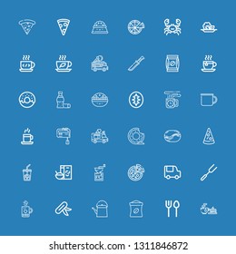 Editable 36 cafe icons for web and mobile. Set of cafe included icons line Tea, Cutlery, Coffee bag, Teapot, Knife, Mug, Fork, Food truck, Pizza, Coffee grinder on blue background