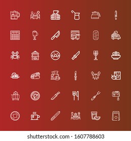 Editable 36 cafe icons for web and mobile. Set of cafe included icons line Take away, Tea, Lunch, Knife, Cup, Donut, Mixer, Fork, Restaurant, Breakfast, Food cart, Crab on red