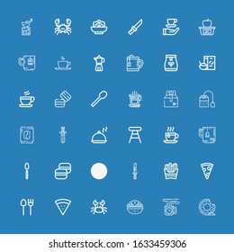 Editable 36 cafe icons for web and mobile. Set of cafe included icons line Donut, Coffee cup, Salad, Crab, Pizza, Cutlery, Pizza slice, French fries, Knife on blue background