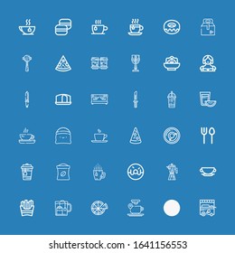 Editable 36 cafe icons for web and mobile. Set of cafe included icons line Ice cream cart, Cutlery, Coffee cup, Pizza, Tea, French fries, Cup, Coffee maker on blue background
