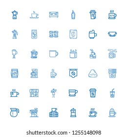 Editable 36 caffeine icons for web and mobile. Set of caffeine included icons line Cappuccino, Tea cup, French press, Break, Coffee shop, Coffee pot, Ice coffee on white background