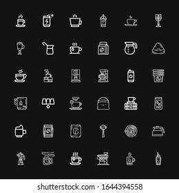 Editable 36 caffeine icons for web and mobile. Set of caffeine included icons line Coffee, Mug, Coffee shop, Tea cup, Coffee cup, maker, pot on black background