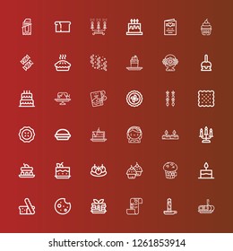 Editable 36 cake icons for web and mobile. Set of cake included icons line Roll cake, Candle, Wedding plans, Pancake, Cookie, Bread, Cake, Muffin, Cupcake, Bitterballen on red