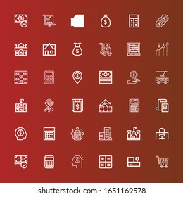 Editable 36 calculator icons for web and mobile. Set of calculator included icons line Trolley, Cashbox, Calculate, Money, Calculator, Office, School, Real estate, Bill on red