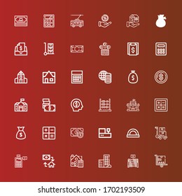 Editable 36 calculator icons for web and mobile. Set of calculator included icons line Trolley, Abacus, Real estate, Calculate, Mortgage, Tax, Protractor, Cashbox, Money on red