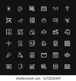 Editable 36 calendar icons for web and mobile. Set of calendar included icons line Calendar, Agenda, Ui, Cancel, Confetti, Event, Fitness, Full moon, Yatch on black background