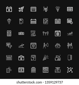 Editable 36 calendar icons for web and mobile. Set of calendar included icons line Confetti, Fitness, Calendar, Office, Date, Petard, Agenda, Events, Event on black background