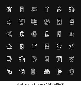 Editable 36 call icons for web and mobile. Set of call included icons line Headphones, Mobile, Taxi, Call, Bell, Text, Smartphone, Phone Contact list on black background