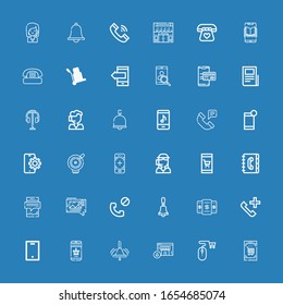 Editable 36 call icons for web and mobile. Set of call included icons line Smartphone, Online shop, Online shopping, Bell, Mobile, Phone call, Mms, Contact book on blue background