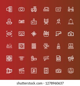 Editable 36 camera icons for web and mobile. Set of camera included icons line Virtual reality, Picture, Strip, Movie, Reel, Parabolic, Jpeg, Stick, Camera, Drone, Extractor on red