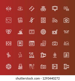 Editable 36 camera icons for web and mobile. Set of camera included icons line Photo film, Video, Photo camera, Beach, Film reel, Picture, Webcam, Reel, Camp, Auto flash on red