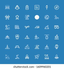 Editable 36 camp icons for web and mobile. Set of camp included icons line Bonfire, Camp, Adventure, Camping, Lantern, Tent, Picnic table, Hiking, Indian, Caravan on blue background