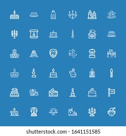 Editable 36 candle icons for web and mobile. Set of candle included icons line Elf, Candle, Cake, Oil lamp, Birthday cake, Christian, Sauna, Elixir, making on blue background