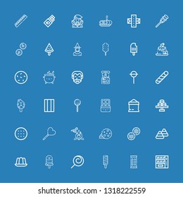 Editable 36 candy icons for web and mobile. Set of candy included icons line Vending machine, Candy, Popsicle, Lollipop, Jelly, corn, Biscuit, Cookie on blue background