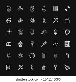 Editable 36 candy icons for web and mobile. Set of candy included icons line Jelly beans, Lollipop, Chocolate bar, Popsicle, Cracker, Candy cane, Biscuit on black background
