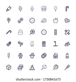 Editable 36 iconos de caramelos para web y móvil. Conjunto de caramelos incluidos línea de iconos Cane, Lollipop, manzana caramelizada, Pudding, Macaron, Azúcar, Cookies, Drácula, Biscuits sobre fondo blanco
