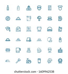 Editable 36 cap icons for web and mobile. Set of cap included icons line Beer, Mushroom, Beers, Bottle opener, Cap, School, Chef, Clothing, Jar, Students, Eye dropper on white background