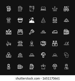 Editable 36 cap icons for web and mobile. Set of cap included icons line Policeman, Mushroom, Clothing, Beer, Hat, Helmet, Education, Success, Hop, Beret, Bottle opener on black background